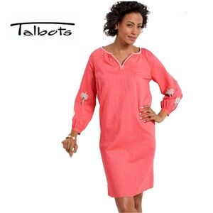 Talbots Coral Linen Cotton Shift Dress with Embroidered Palm Trees